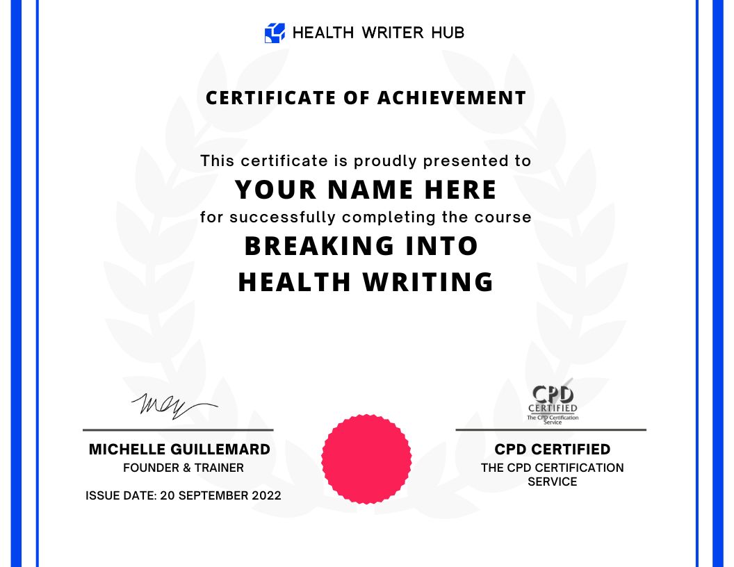 breaking into health writing course certificate