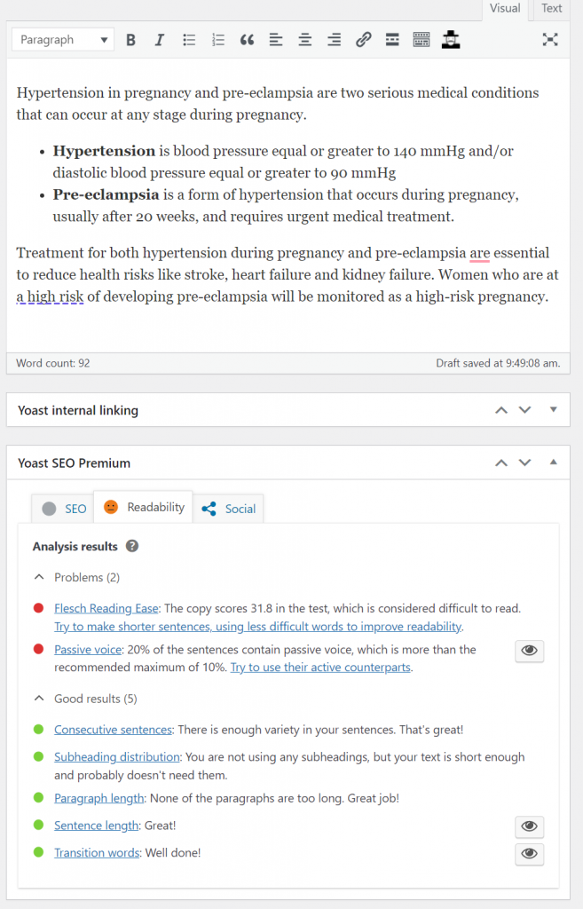 yoast seo readability score